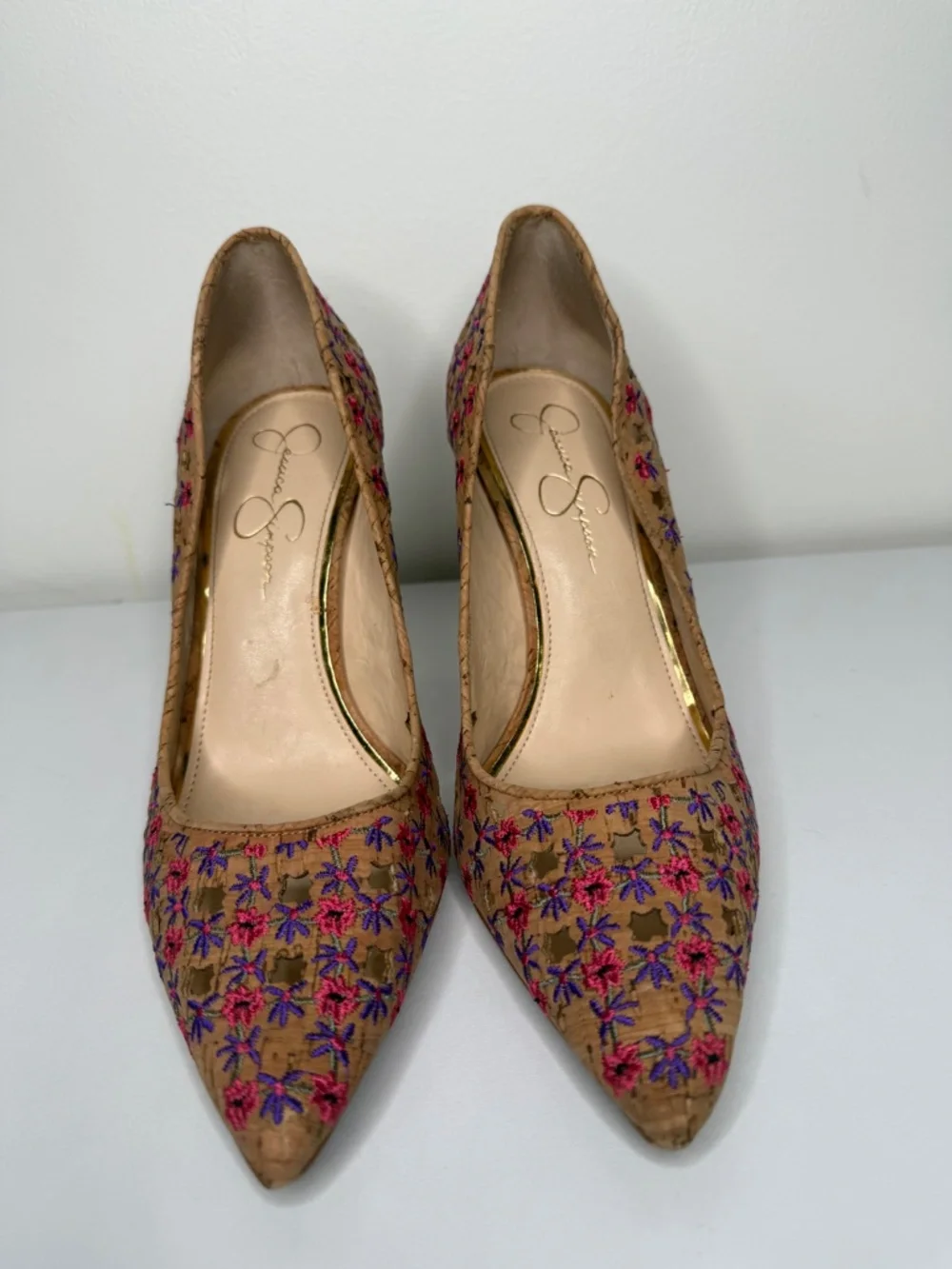 Jessica Simpson Cork Embroidered Floral Cutout Pointed Toe Pumps Size 11